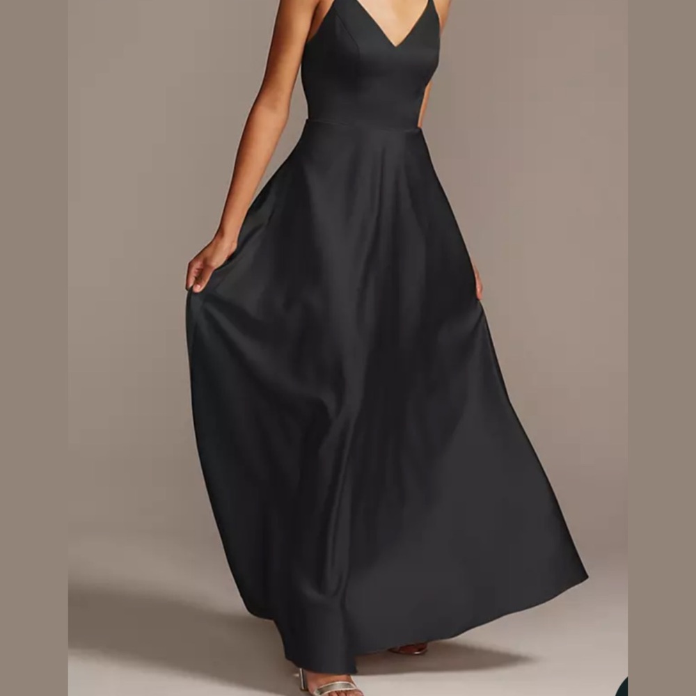 David’s Bridal Bridesmaid Spaghetti Strap Satin A-Line Long Dress Black